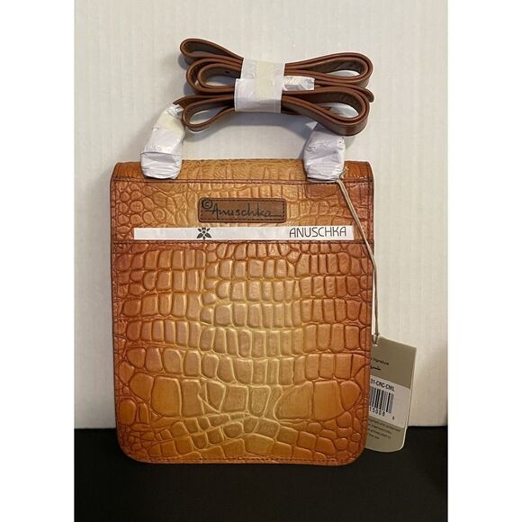 ANUSCHKA Croc Embossed Camel Genuine Leather Flap Crossbody Shoulder Bag Purse - Picture 5 of 10